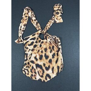 Electric Behaviour Leopard Print Halter Top Mesh Pointed Hem Brown Small